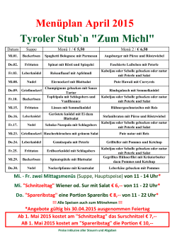 Menüplan April 2015 Tyroler Stub`n "Zum Michl"