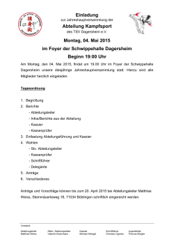Einladung Abteilung Kampfsport Montag, 04. Mai 2015 im Foyer der