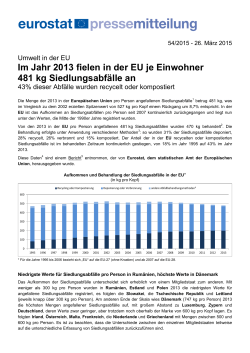 Im Jahr 2013 fielen in der EU je Einwohner 481 kg