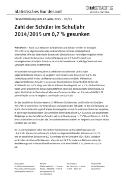 Zahl der Sch&uuml;ler im Schuljahr 2014/2015 um 0,7 % gesunken (PDF