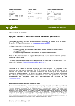Syngenta annonce la publication de son Rapport de gestion 2014