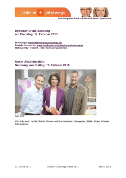 Infoblatt f&uuml;r die Sendung am Dienstag, 17. Februar 2015