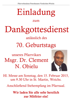 Aushang 70. Geburtstag Msgr. Obielu Februar 2015 mit Foto