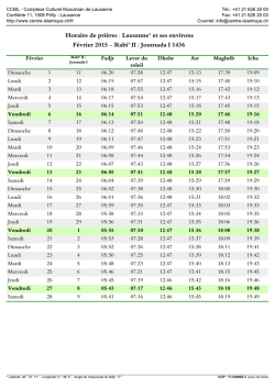 Horaire de pri&egrave;res : Lausanne* et ses environs F&eacute;vrier 2015