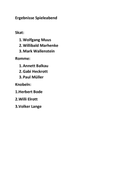 Ergebnisse Spieleabend Skat: 1. Wolfgang Muus 2. Willibald