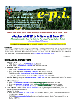 e-Paroisse Info N&deg;227 du 14 f&eacute;vrier au 22 f&eacute;vrier 2015