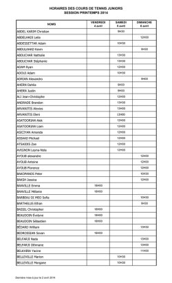 horaires des cours de tennis juniors session