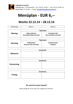 Men&uuml;plan - Preis EUR 6,-- - Kolpinghaus Poysdorf