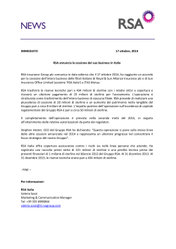 RSA annuncia la cessione del suo business in Italia
