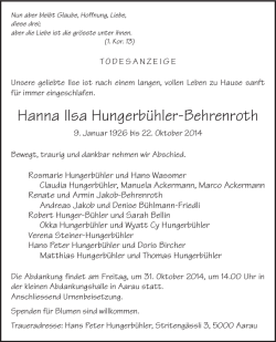 Hanna Ilsa Hungerbühler-Behrenroth - Todesanzeigen