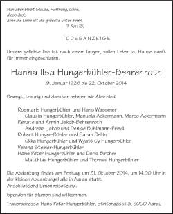 Hanna Ilsa Hungerb&uuml;hler-Behrenroth - Todesanzeigen