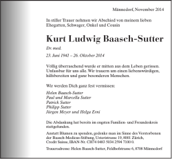 Kurt Ludwig Baasch-Sutter - Trauer