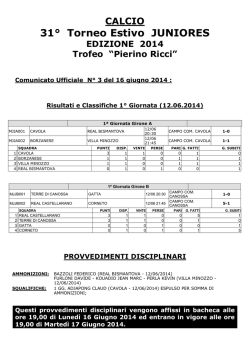 Torneo JUNIORES 2014 - Comunicato Ufficiale n° 3 del 16.06.2014