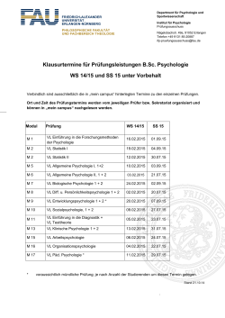 Klausurtermine für Prüfungsleistungen B. Sc . Psychologie WS 14/15