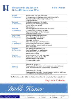 Menuplan für die  Zeit  vom Stübli-Kurier 03. bis 09. November 2014