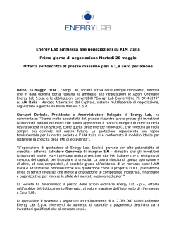 Energy Lab ammessa alle negoziazioni su AIM Italia - E