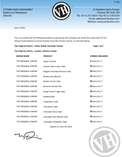 The Original Cakerie OVH Kosher Certificate 2013-2014