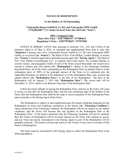 NOTICE OF REDEMPTION To the Holders of All