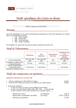 Tarifs spécifiques des cartes en devises- Janvier 2015