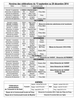 Horaires des messes - septembre &agrave; d&eacute;cembre 2014