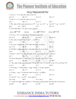 MCQ TRIGONOMETRY 1. If cos A = 4/5, then the value of tan A is (A