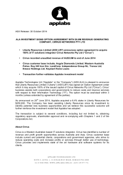ASX Release: 30 October 2014 ALA INVESTMENT SIGNS
