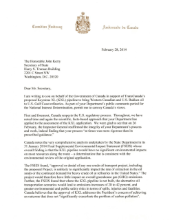 Canadian Ambassador to the United States Gary Doer: Letter of