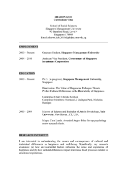 SHARON KOH Curriculum Vitae School of Social Sciences