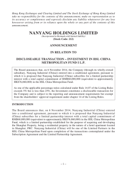 Investment in HSL China Metropolitan Fund I L.P.