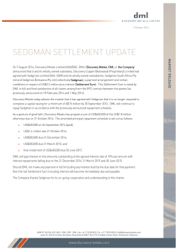 SEDGMAN SETTLEMENT UPDATE - Discovery Metals Limited