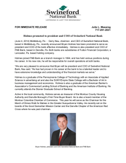 Holmes promoted to president and COO of Swineford National Bank
