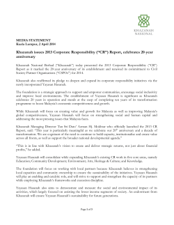 Khazanah issues 2013 Corporate Responsibility (“CR”) Report