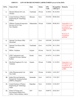 GROUP-1 LIST OF BIS RECOGNISED LABORATORIES (as on 13