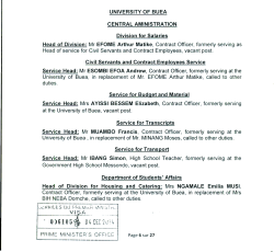 Page 1 UNIVERSITY OF BUEA CENTRAL AMINISTRATION