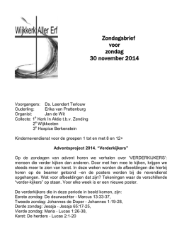 Zondagsbrief voor zondag 30 november 2014