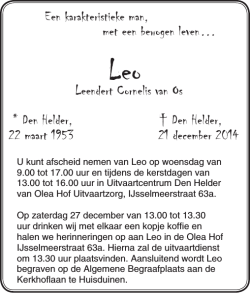Een karakteristieke man, met een bewogen leven&hellip; Leendert