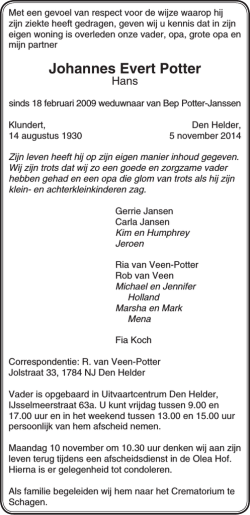 Johannes Evert Potter - Uitvaartcentrum Den Helder
