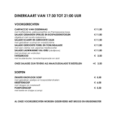 DINERKAART VAN 17:30 TOT 21:00 UUR