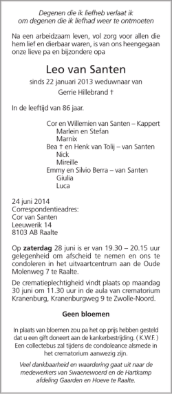 Rouwkaart Leo van Santen