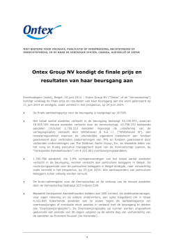 Ontex Group NV kondigt de finale prijs en resultaten van haar