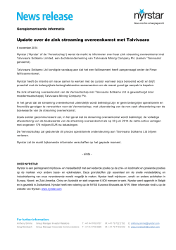 Update over de zink streaming overeenkomst met Talvivaara
