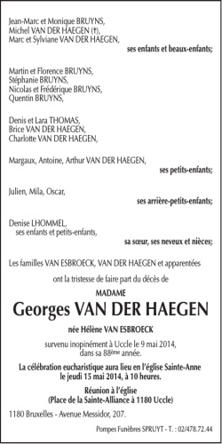 Georges VAN DER HAEGEN - Pompes Funèbres Spruyt