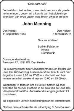 Advertentie de heer J.C.M. Menning