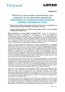 TiGenix en Lonza sluiten overeenkomst voor productie van op