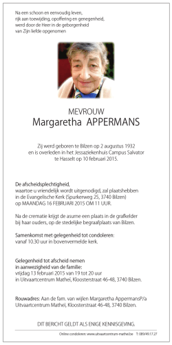 Margaretha APPERMANS - Uitvaartcentrum Matheï