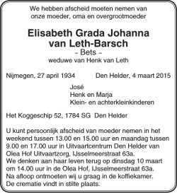 Advertentie mevrouw E.G.J. van Leth-Barsch