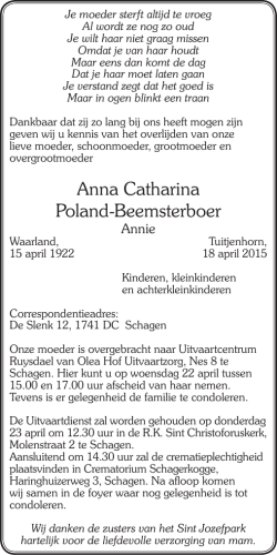 Advertentie van mevrouw A.C. Poland-Beemsterboer