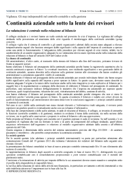Il Sole 24 Ore &ndash; Continuit&agrave; aziendale sotto la lente dei revisori.