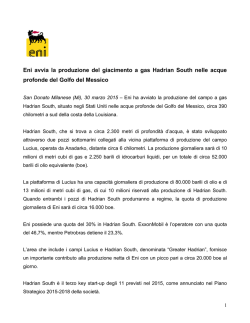 Eni avvia la produzione del giacimento a gas Hadrian South nelle