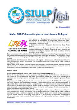 Mafia: SIULP domani in piazza con Libera a Bologna